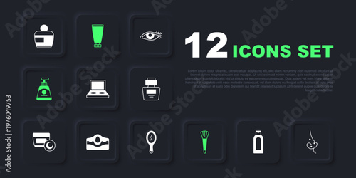 Set Bottle of shampoo, Acne, Eye shadow palette with brush, Makeup, Cream or lotion cosmetic tube, and Hand mirror icon. Vector