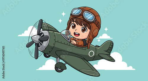 Cute Cartoon Pilot Flying Vintage Airplane.