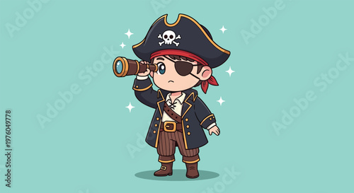 Cute Cartoon Pirate Character Looking Through a Spyglass.
