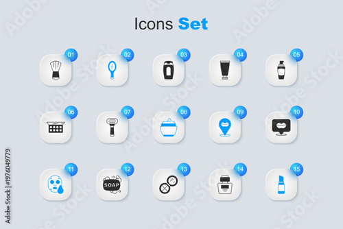 Set Perfume, Shaving razor, Hand mirror, Facial cosmetic mask, Lipstick, Smiling lips, Makeup brush and Cream lotion tube icon. Vector