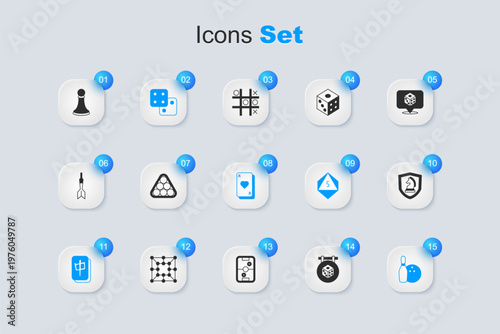Set Game dice, Billiard balls in triangle, Mahjong pieces, Bowling pin and, Chess, pawn and Playing cards icon. Vector