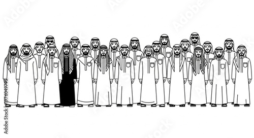 Group of Arab men in traditional attire, one in black, standing together.