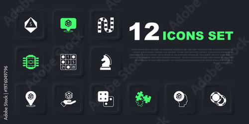 Set Game dice, Casino chips, Bingo card, Puzzle pieces toy, Table football, and icon. Vector