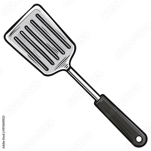Spatula Kitchen Tool for Cooking and Baking. Kitchenware utensil for flipping food. Illustration of a metal spatula with black handle.
