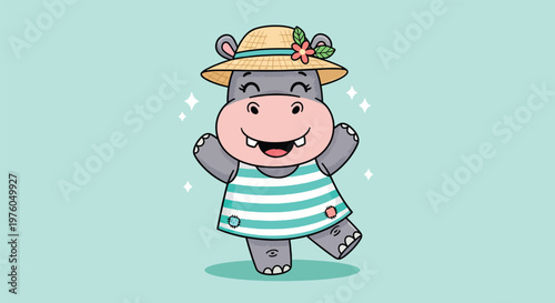 Cute Happy Hippopotamus Wearing Summer Hat and Striped Dress.