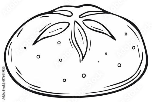 Artistic line drawing of a round crusty bread roll with scoring detail