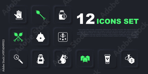Set Cosmetic tube with honey, Sale of bees, Hive for, Honey dipper stick, Jar, and Bee and honeycomb icon. Vector