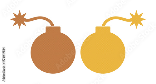 Retro bomb icons with burning wicks, vintage flat vector explosives, brown and yellow bomb set