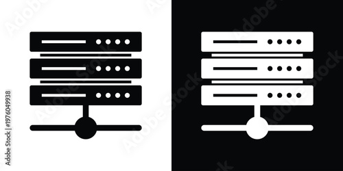 Minimalist vector icon of a stacked server unit with a network connection node. Symbolizes local area networks, data centers, and IT infrastructure connectivity.