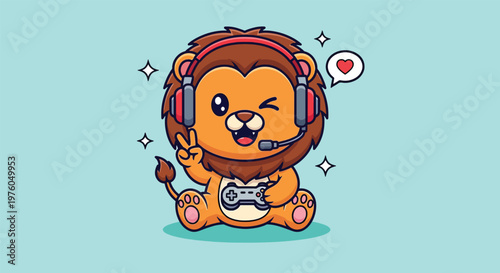 Cute Lion Gamer with Headset and Controller Vector.