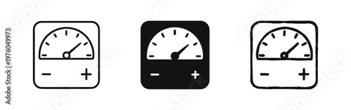 Analog meter icons set. Gauge or voltmeter with plus minus terminals symbol for electrical measurement.