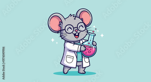 Cute Mouse Scientist Holding Flask Cartoon Vector Illustration.