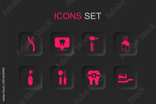 Set Dental mirror and probe, clinic location, pliers, Teeth with braces, Mouthwash, Toothbrush toothpaste, drill and Electric toothbrush icon. Vector