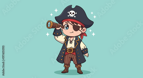Cute pirate character with an eye patch and a telescope.