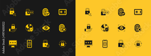 Set Safe, Mobile with fingerprint scanner, Eye, Shield security lock, world globe, Fingerprint, Lock and Cyber icon. Vector