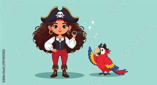 Cute Pirate Girl and Parrot Illustration.