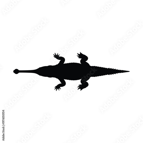Black silhouette of a gharial reptile with long snout and webbed feet on a white background