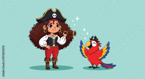 Cute Pirate Girl and Parrot with Spyglass.