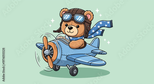 Cute teddy bear pilot flying a vintage blue airplane with a scarf.