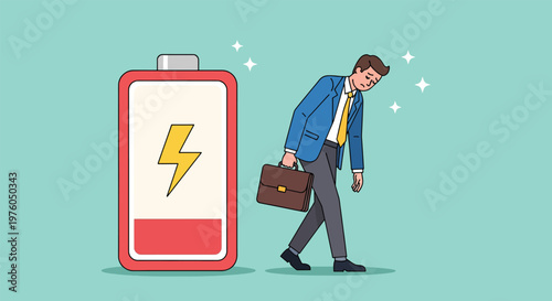 Exhausted businessman with low battery icon indicating burnout.