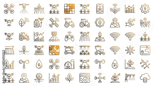 Precision Farming Icon Set in Gold Gradient. A collection of Smart Agriculture Linear Icons, including drone, tractor, soil sensor, irrigation, satellite, data, plant, and more. Editable Stroke.