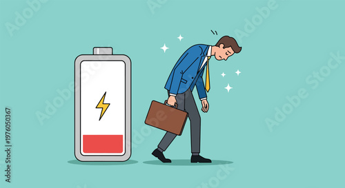 Exhausted Businessman With Low Battery Symbol.