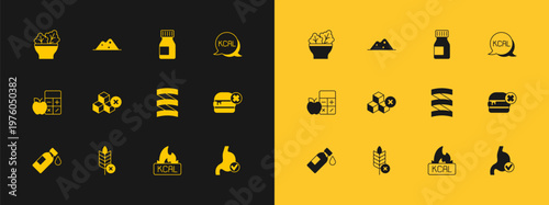 Set Kcal, Gluten free grain, Sports nutrition proteine, No sugar, Vitamins, Salad bowl and Salt icon. Vector