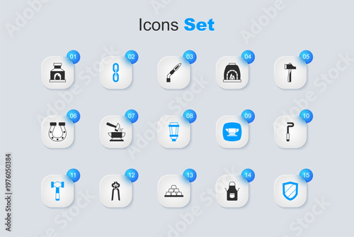 Set Blacksmith apron, Anvil and hammer, Chain link, Hammer, Shield, Fire poker, oven and Garden light lamp icon. Vector