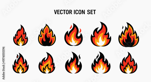 Set of Stylized Fire and Flame Vector Icons in Red Orange and Yellow Colors on a White Background