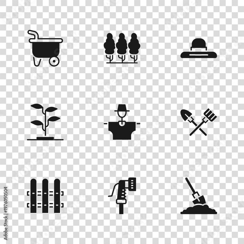 Set Garden hose, Shovel and rake, in the ground, Scarecrow, Farmer worker hat, Wheelbarrow, Fruit trees and Sprout icon. Vector