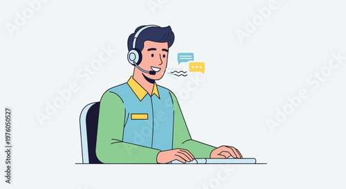 Friendly male customer service representative wearing headset, speaking into microphone, seated at desk with keyboard, communication bubbles conveying conversation flow, clean