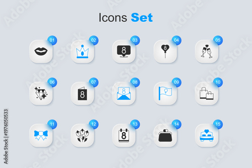 Set Handbag, Greeting card with 8 March, King crown, Gift bow, Bedroom, Paper shopping, Smiling lips and Envelope icon. Vector