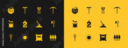 Set Pickaxe, Sun, Shovel in the ground, Pack full of seeds, Spray against insects, Gardening scissors, Eco healthy food and rake icon. Vector