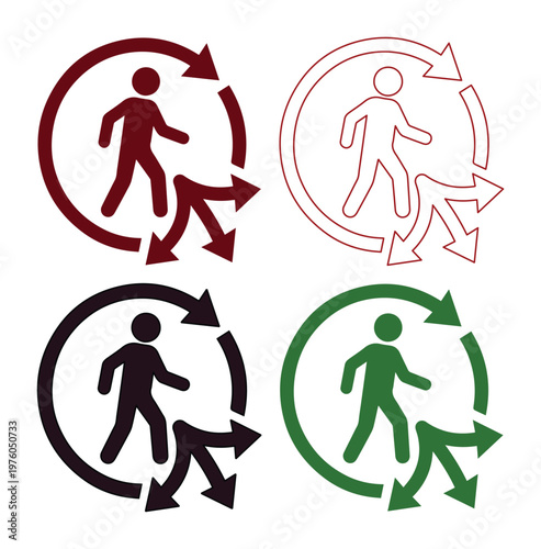 Decision making process icon set, human path direction arrows, career choice vector graphics