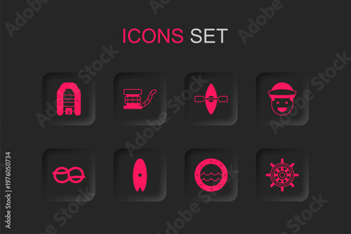 Set Surfboard, Marine bollard with rope, Inflatable boat motor, Ship porthole, Sailor, steering wheel, Kayak and paddle and Nautical knots icon. Vector