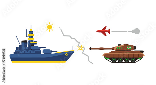 Naval warship and armored tank engage in aerial combat with a fighter jet and sun shining brightly, depicting military conflict and defense strategy.