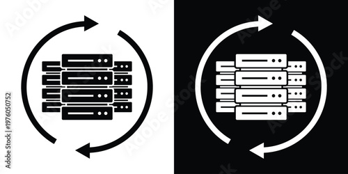 Vector illustration of a server rack surrounded by circular refresh arrows. Represents data synchronization, server updates, backup processing, and system maintenance.