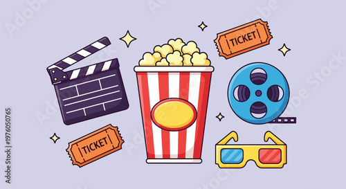 Movie Night Essentials Popcorn Film Reel Clapperboard Tickets 3D Glasses.