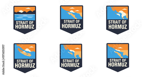 Strait of hormuz emblem featuring a stylized coastal landscape with a setting sun, clear blue water, and landmasses, presented in a bold, modern geometric vector design with a
