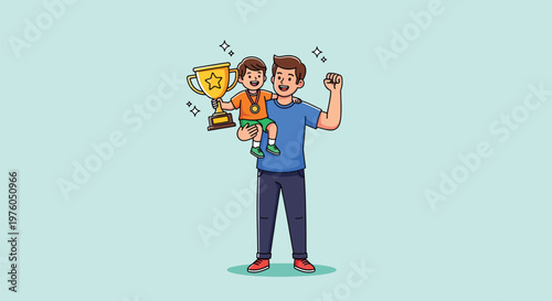 Proud Father Holding Son with Trophy Celebrating Victory.
