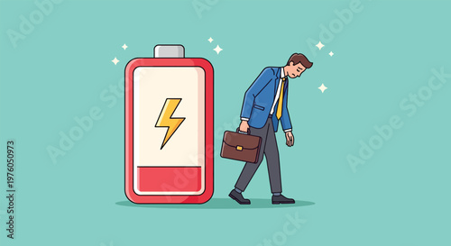 Tired Businessman with Low Battery Symbol Illustrates Burnout and Exhaustion.
