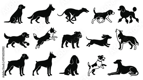 Collection of various dog breeds silhouettes.