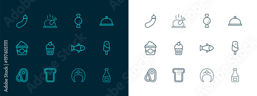 Set line Covered with tray of food, Bread toast, Fish, steak, Muffin, Chicken leg, Eggplant and Roasted turkey or chicken icon. Vector
