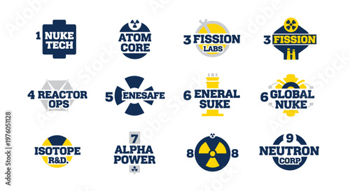 Collection of bold, modern vector emblems and logos featuring atomic energy, nuclear power, and scientific research themes with clean lines, geometric shapes, and a striking navy