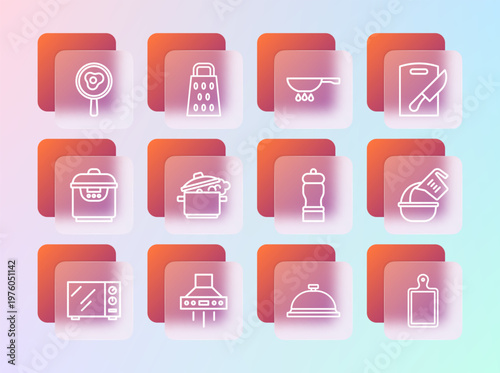 Set line Cutting board and knife, Kitchen extractor fan, Pepper, Covered with tray of food, Cooking pot, Frying pan on fire, Fried eggs frying and Grater icon. Vector