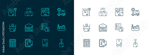 Set line Scale with cardboard box, Document tracking marker, Verification of delivery list, Cardboard traffic symbol, Free storage, Home services, measurement and Carton icon. Vector