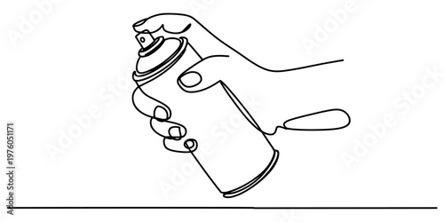 A continuous line drawing of a human hand holding and pressing a metal aerosol spray paint can Vector, illustration