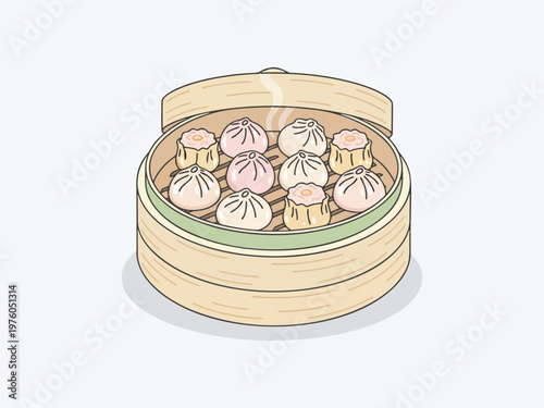 Cute flat vector illustration of dim sum dumplings in a bamboo steamer food isolated on clean white background, featuring a modern and appetizing style. Perfect for menu design, restaurant branding.