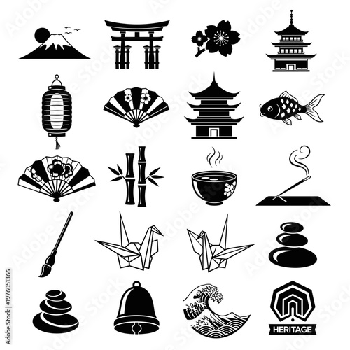 Collection of iconic japanese cultural symbols including mount fuji, torii gate, cherry blossoms, pagoda, lantern, koi fish, bamboo, tea ceremony bowl, incense stick, calligraphy
