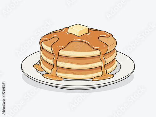 Cute flat vector illustration of pancakes with syrup on a plate food isolated on clean white background, featuring a modern and appetizing style. Perfect for menu design, restaurant branding, and food
